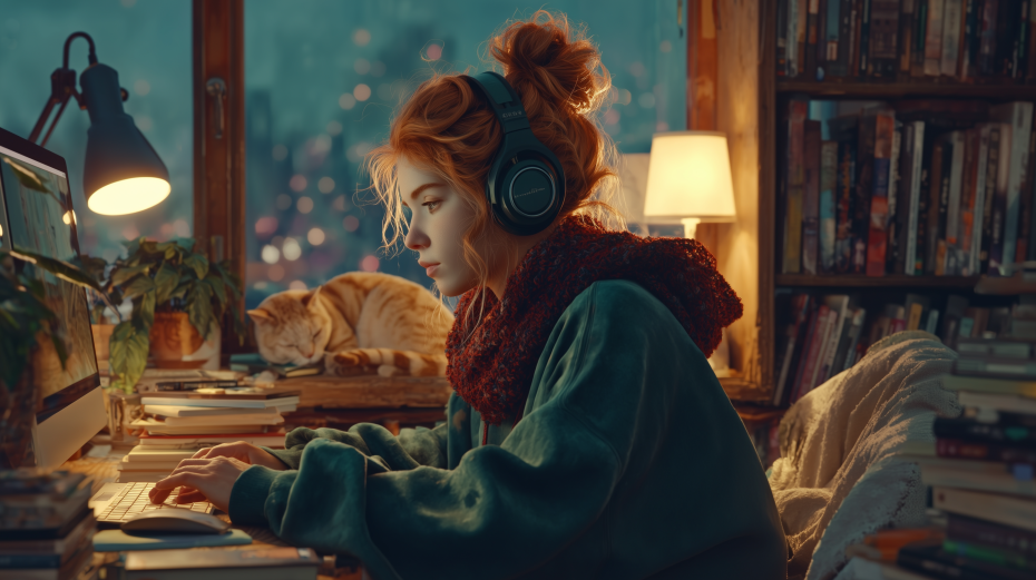 Frau mit Kopfhörern arbeitet am Schreibtisch, Katze schläft am Fenster.