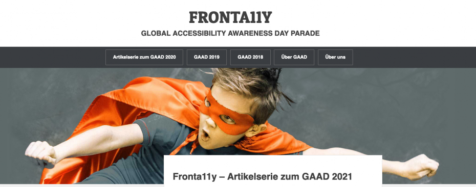 Screenshot von fronta11y.org mit dem Bild eines Jungen mit Heldencape.