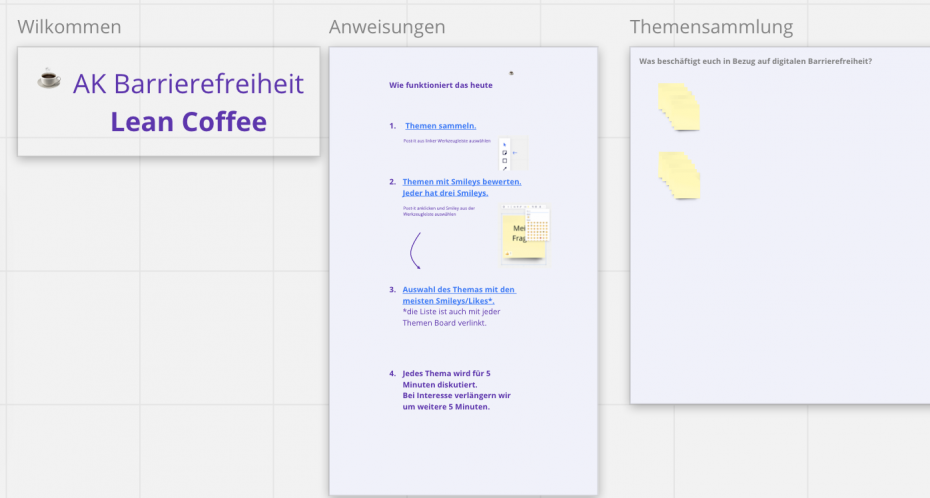 Bildaufnahme Miro Projekt mit Anweisungen und Themensammlung Boards