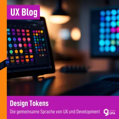 Tablet mit UI-Designraster, Schriftzug „Design Tokens“ im Vordergrund.