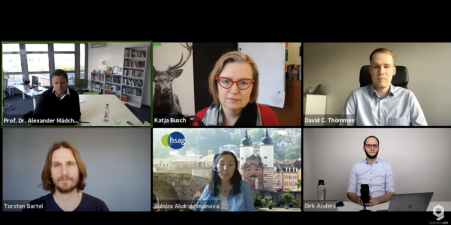Screenshot Webinar mit sechs Personen. Zu sehen sich Alexander Mädche, Kaja Busch, David C. Thömmes, Thorsten Bartel, Gulniza Abdrakhmanova und Dirk Anders
